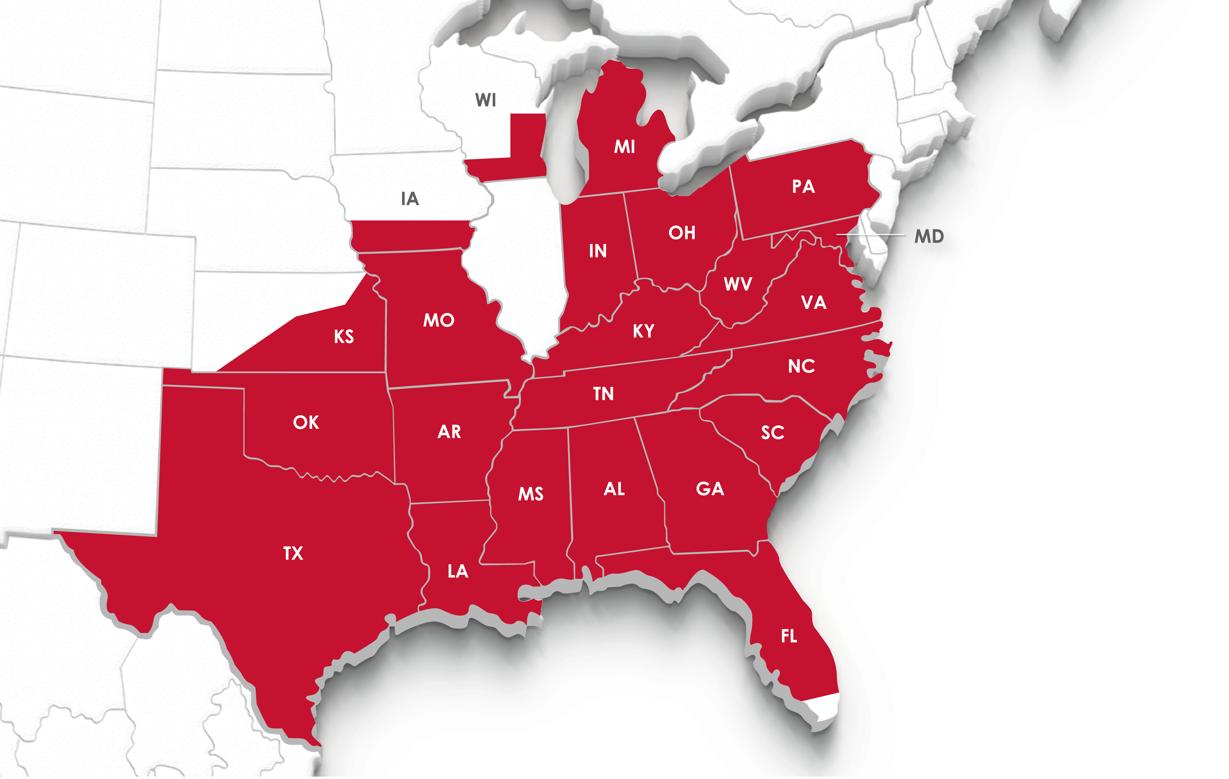 PAM Map showing current hiring areas colored in red